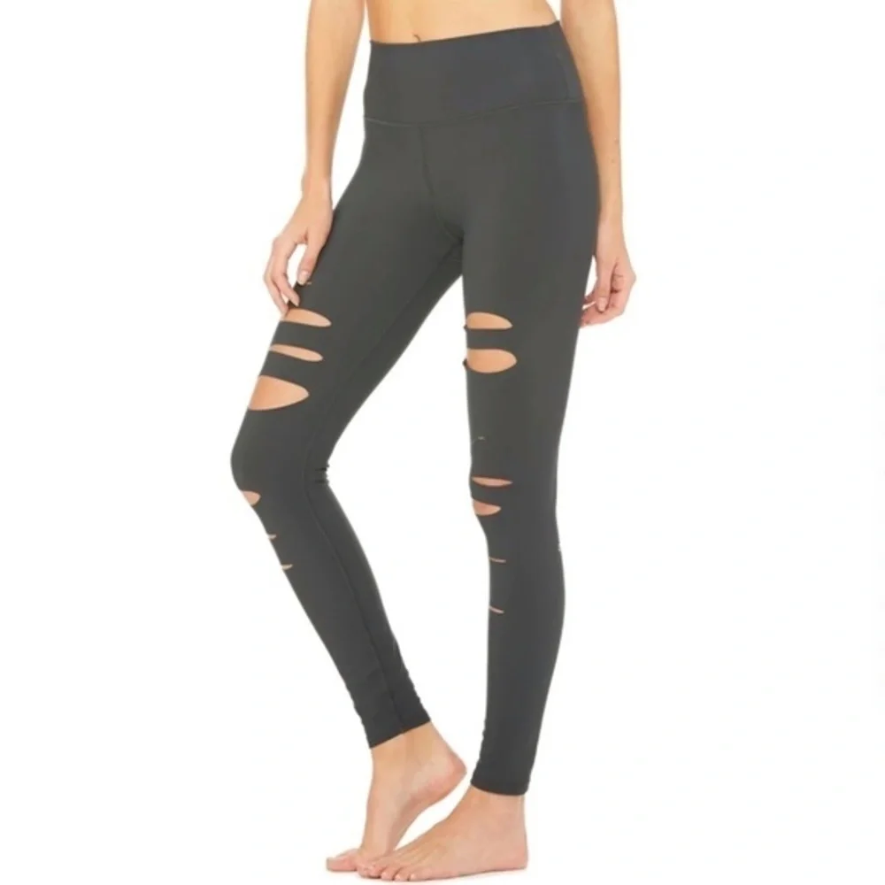 Alo Yoga High-Waist Ripped Warrior Legging in ‘Anthracite’ Gray Size Small